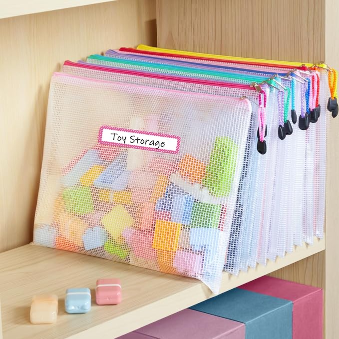 Sooez 36 Pack Mesh Zipper Pouch with Sticky Labels, A4 Mesh Bags Organizer | Sturdy Letter Size File Folders, Office School Classroom Teacher Supplies, Toy Storage Bag Board Game Puzzles Organization