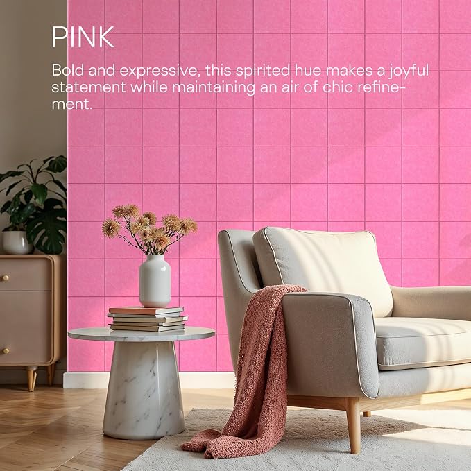 MaxGear Felt Bulletin Board 48" x 36", Pink Felt Wall Tiles Wall Decor | Modern Cork Board For Office Alternative, 12 Pack 11.8" x 11.8" Wall Panels With Push Pins, Vision Board Office & Home Decor