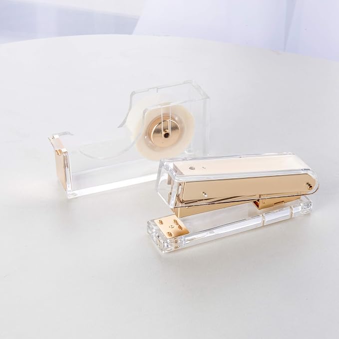 Elegant Ultra Clear Acrylic Office Supplies Acrylic Stapler Matte Gold Desktop Stapler with 1000pcs Staples for Office Accessories(Gold)