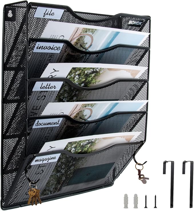 BOHDK Wall File Organizer, 5 Tire Hanging File Folder Mail Organizer, Vertical Mesh Metal Door/Wall Mount Hanging File Holder, Paper Document Magazine Rack with Hooks for Home Office Black