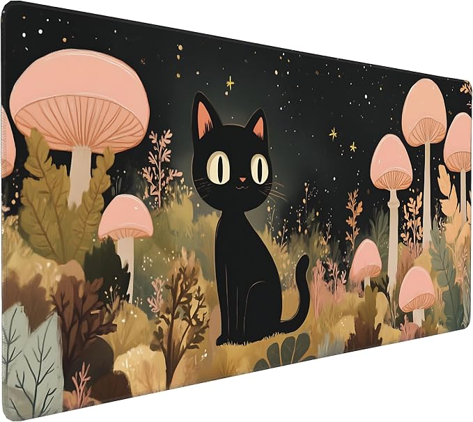 Cute Anime Black Cat Gaming Mouse Pad, Blue Pink Warm Healing Desk Mat with Anti-Slip Base & Stitched Edges,35.4" x 15.7" in Table Mat for Computer Desktop, Beautiful Workstation Decor