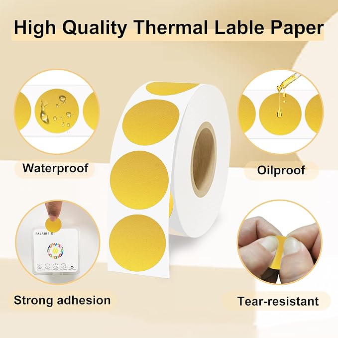 1 Inch Round Thermal Sticker Labels,Color Dot Stickers,Label Stickers,Waterproof,Oil Proof,for Thermal Printers,DIY,Office,Retail,Home and Warehouse Organization,1000 Pcs Gold