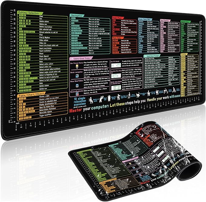 Excel Cheat Sheet Desk Pad 31.5x11.8 - Waterproof Mouse Pad with Inch Scale,Contain 9 Major Excel Function Module and Common Function,Large XL Excelpad Cheat Sheet Desk Mat for Keyboard and Mouse