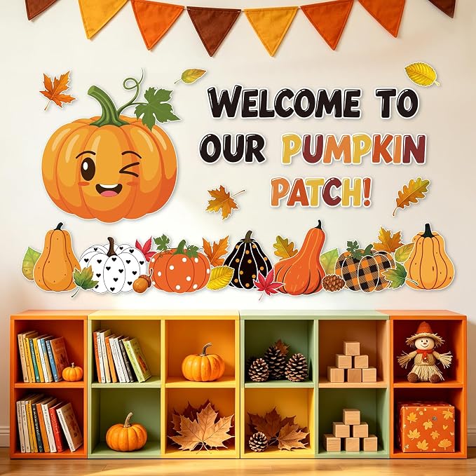 54Pcs Fall Bulletin Board Decorations Set, Best Pumpkins in the Patch Bulletin Board Classroom Decor, Thanksgiving Pumpkin Leaves Paper Cutouts for School Office Door Wall Decor