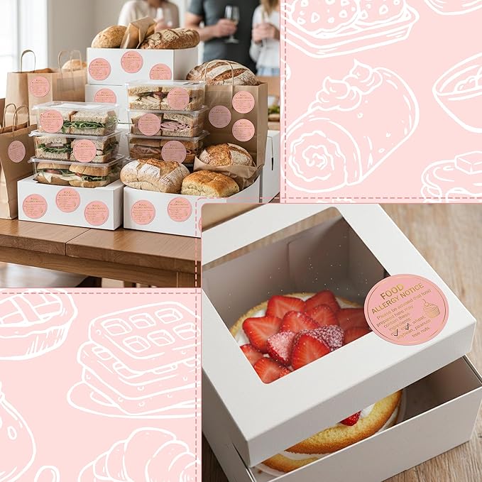 PANTIDE Food Allergy Notice Stickers - 500 Count Allergen Warning Label Gold Foil Adhesive Round Decal Roll, Food Alert Safety for Restaurant Home Kitchen Bakery Cake Shop (2 x 2 Inch, Pink)