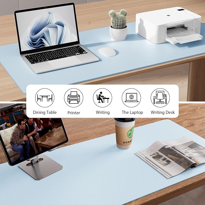 Aothia Faux Leather Desk Mat - Non-Slip PU Leather Desk Blotter, Waterproof Writing Surface, Large Desk Pad for Office & Home (Baby Blue, 55" x 17")