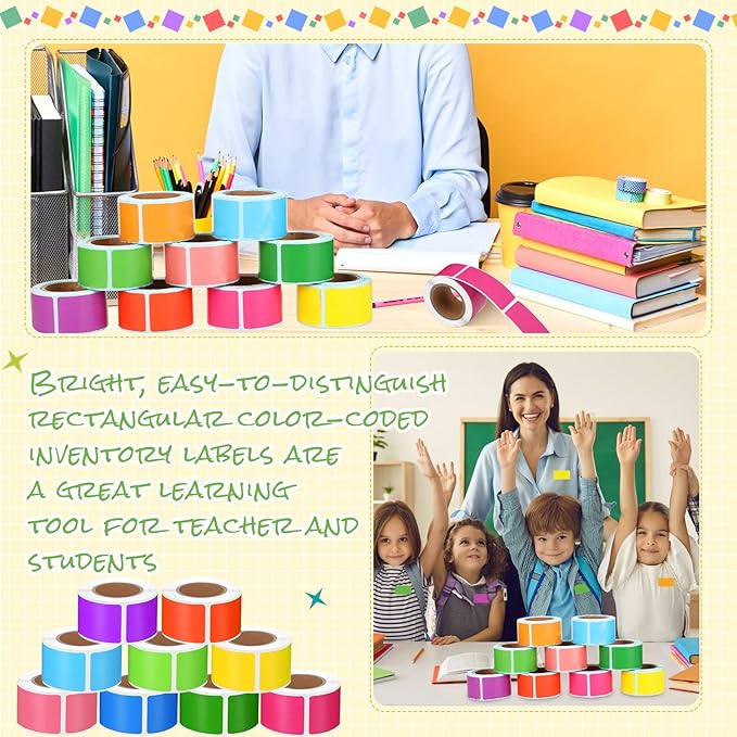 Outus 1000 Pcs Rectangular Colored Sticker Labels Rolls 10 Bright Color 0.75 x 1.57 Inch Classroom Removable Self Sticky Folder Labels for Boxes Folders Office