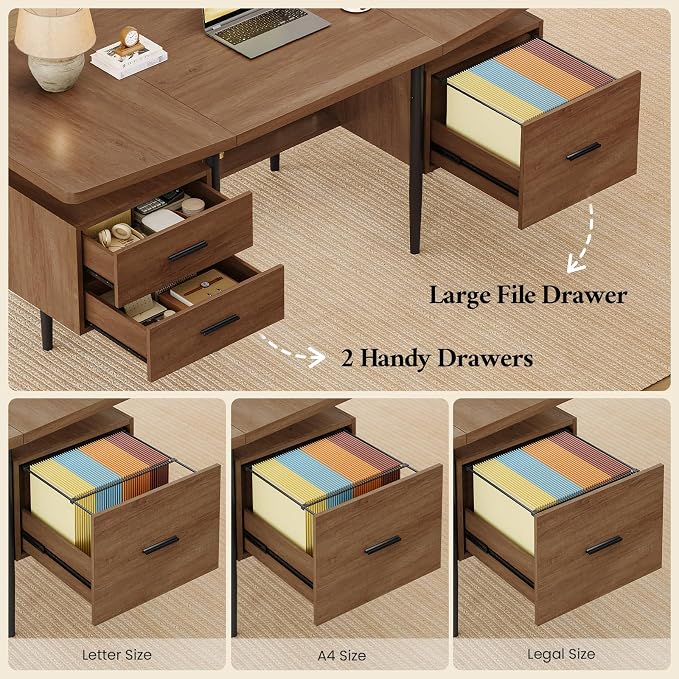 70.9" W x 27.6" D Modern Executive Desk, Wooden Computer Desk with 2 Drawers and File Drawer, Privacy Panel & Open Storage Shelf, Large Home Office Writing Desk for Living Room
