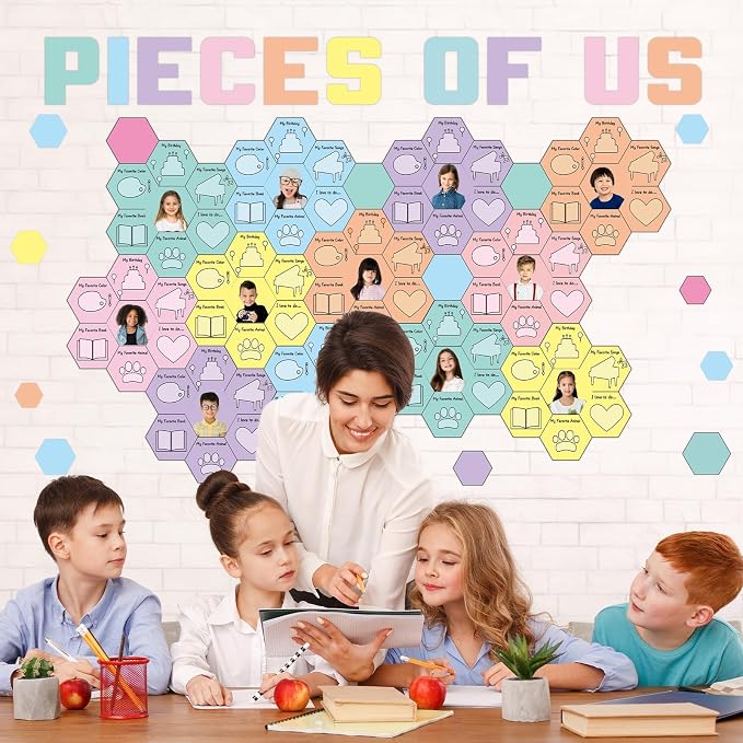 Hexagon Pieces Bulletin Board Set Pieces of Us Classroom Bulletin Board Decorations All About Me Cutouts Classroom Decorations for Back to School Office Home Chalkboard Decor Wall Door