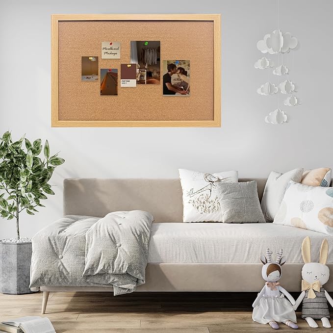 Cork Bulletin Board, 48x31.5 Inches Hanging Cork Board Wooden Framed with Pins for Wall, Dorm Room, Office, Home Decor – Natural Cork & Black Frame