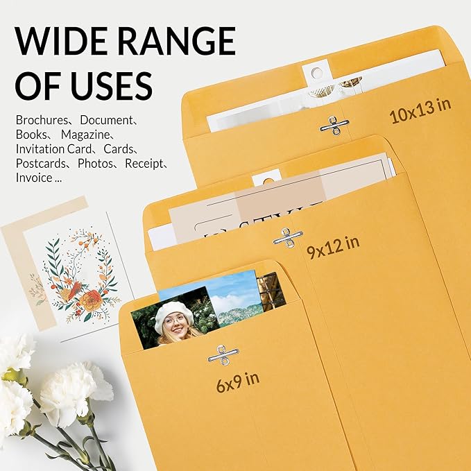 SUNEE Envelops, 9"x12" Brown Kraft Envelopes with Clasp Closure, 28-lb Paper Mailing Envelopes, 100 Count, Great for Filing, Storing or Mailing Documents