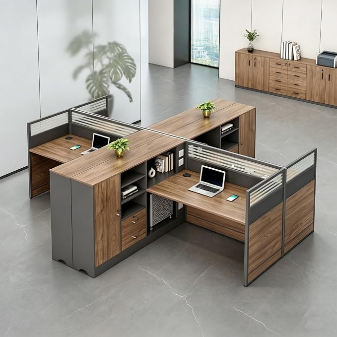 Modern Office Workstation Desk with Side Storage Cabinet, Tempered Glass Privacy Panels, USB Charging Hub & Cable Management, Modular Cubicle Desk for Office Work (C - Left, 4P)
