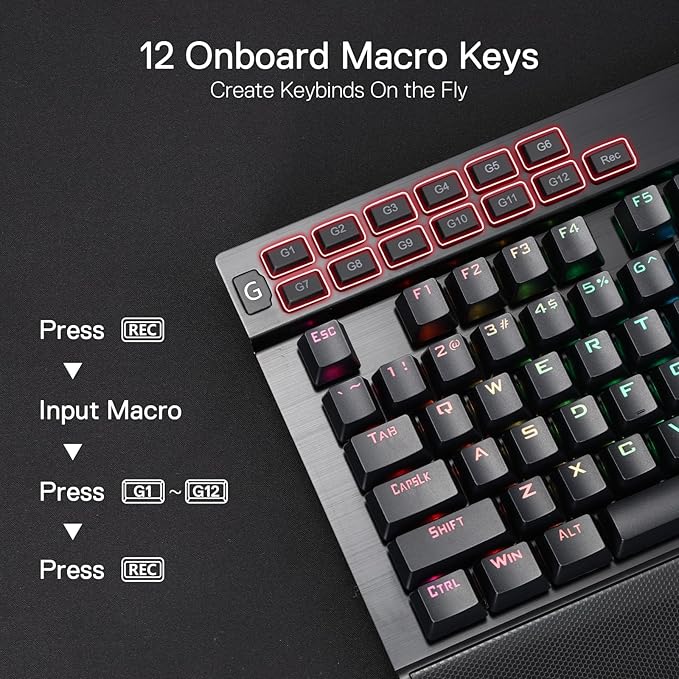 Redragon K550 RGB Gaming Keyboard, 104 Keys + 12 Macro G Keys Wired Mechanical Keyboard w/Aluminum Top Plate, Custom Clicky Purple Switch, Extra USB Port & Wrist Rest