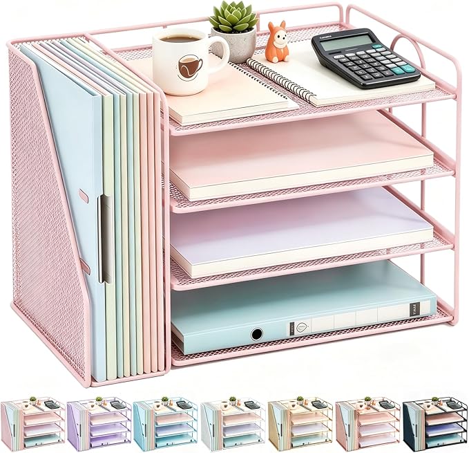 gianotter 4-Tier Paper Organizer With Magazine Holder | Desk Organizers and Accessories, File Organizer for Office Supplies Storag (Pink, 4-Tier)