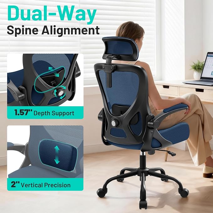 Office Chair - Ergonomic Desk Chair Breathable Mesh Chair with 2D Headrest & Adjustable Lumbar Support - Executive High Back Rolling Swivel Computer Gaming Chair with Wheels Flip-up Armrests