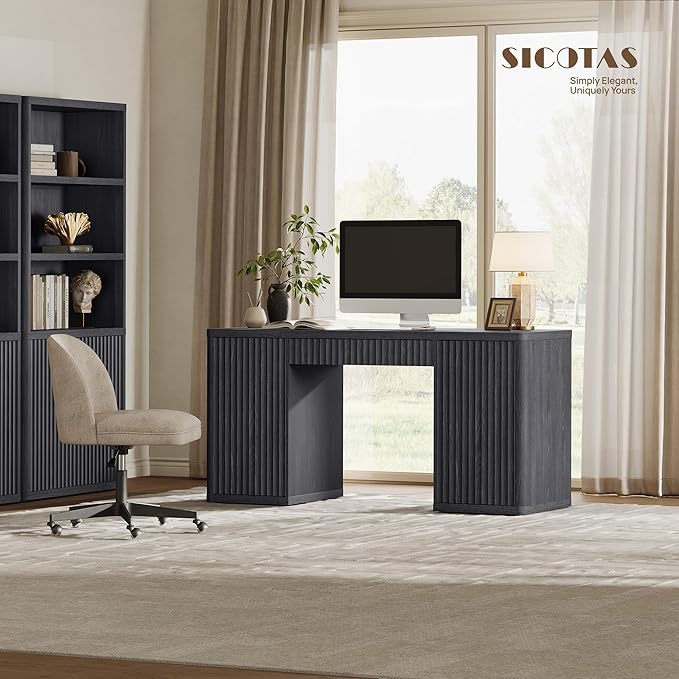 SICOTAS 61" Large Office Computer Desk with Storage Modern Home Office Desks with Drawer & Doors Fluted Desks Executive Desk Wooden Writing Table Vanity Table for Living Room Bedroom, Black Alder