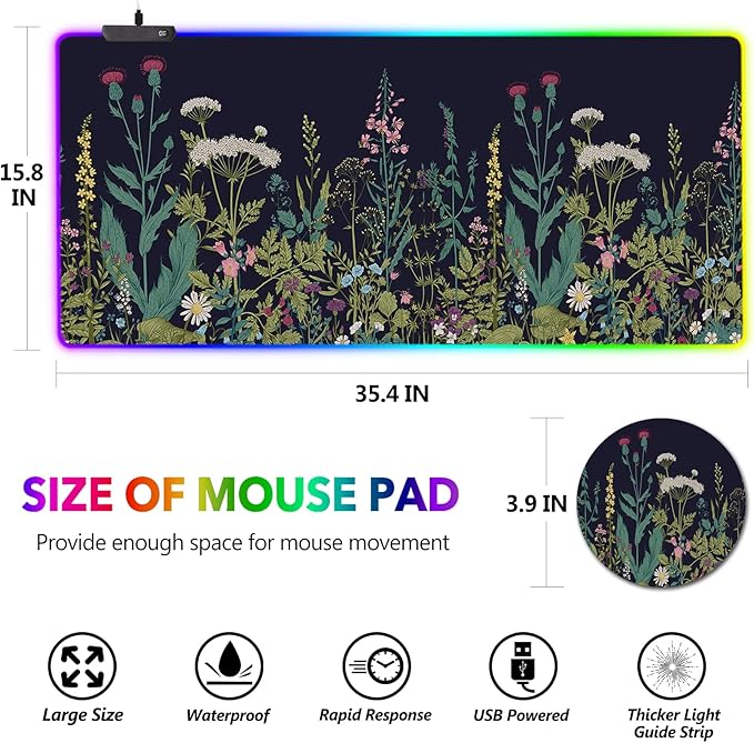RGB Gaming Mouse Pad Large, AIMSA Keyboard Led Mousepad Extended 35.4 x 15.8 inch Non-Slip Rubber Base with 14 Lighting Modes, Big Desk Mat Waterproof, Flowers Plants
