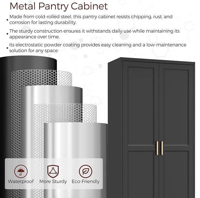 71" Tall Metal Kitchen Pantry Cabinet, Storage Cabinet with Doors | Kitchen Cabinet with 4 Adjustable Shelves, Food Pantry Cabinet, Cupboard for Kitchen, Dining Room, Garage, Office & School