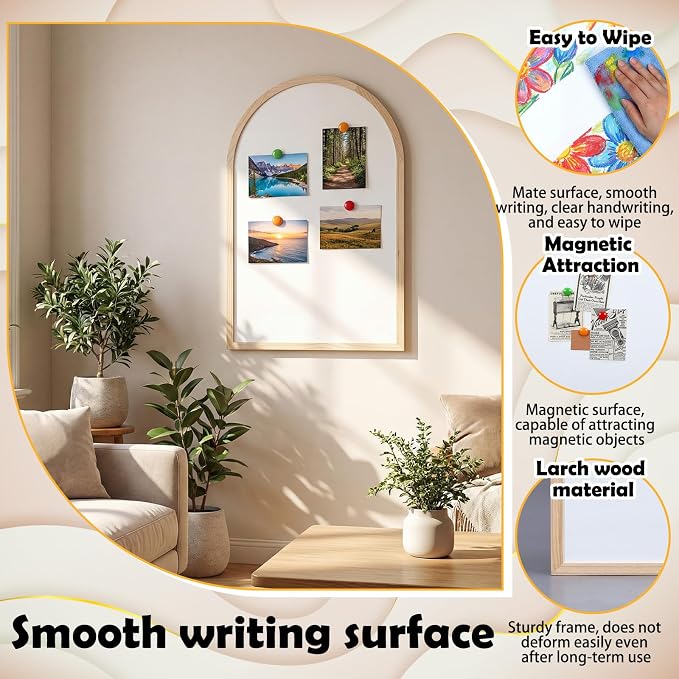 Dry Erase Board, 36" x 24" Magnetic Erasable Whiteboard, Arched Large Semi-Circular Whiteboard, Gold Rustic Wood Frame, Bohemian Style Design for Home, Classroom, Office, School