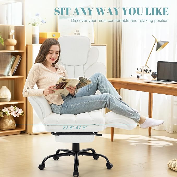 Flip Armrests Criss Cross Office Chair, Reclining Office Chair with Foot Rest, Adjustable Headrest, Massage Waist Pillow, Cross Legged Big and Tall Desk Chair Wide Seat Vanity Chair, White Fabric
