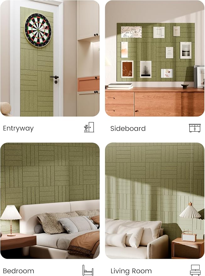 Bumusty 48" x 36" Large Cork Board Alternative, Olive Green | 12-Pack Felt Bulletin Board Tiles, 60 Adhesive Tabs, 30 Pushpins, Home, Office, Classroom, Vision Board