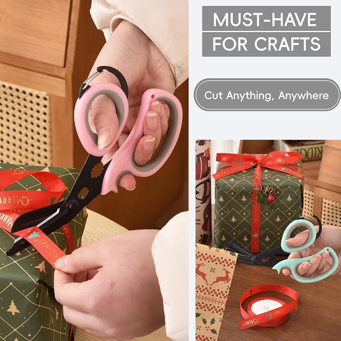 MEUUT All Purpose Scissors 2 Packs with Carabiner for Kitchen Outdoor | 7.5-inch heavy duty all purpose, Ambidextrous, micro-serrated stainless steel blades, integrated O2 wrench, soft rubber grip