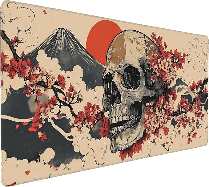 Aesthetic Skull Gaming Mouse Pad, Beige Red Japanese Desk Mat with Anti-Slip Base & Stitched Edges, Office Supplies & Desk Decor for Women, 35.4" x 15.7" in Home Office Essentials