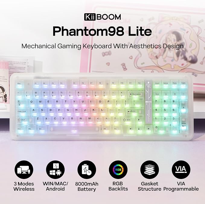 KiiBoom Phantom98 Lite 96% Wireless Mechanical Gaming Keyboard, VIA Programmable, Creamy Keyboard with Gasket, 8000mAh Battery, Hot Swap, RGB Backlits, NKRO for Win/Mac (Clear, Mochi Switch)