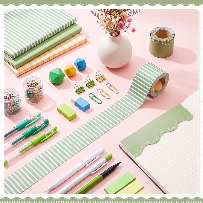 2 Rolls 65.6ft Sage Green Striped Bulletin Board Borders Decoration Scalloped and Straight Edge Greene Bulletin Borders Board Trim for Office School Classroom Chalkboard Party Decoration