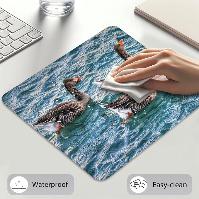 Greylag Geese Swimming on Teal Lake, Nature Wildlife Design Desk Mat | Cute Mousepad Stitched, Anti-Slip Base Smooth Surface, 9.5 x 7.9 Inches