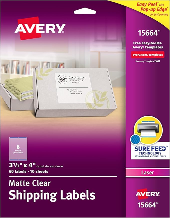 Avery Matte Clear Shipping Labels, Sure Feed Technology, Laser, 3-1/3" x 4", 60 Labels, 5 Packs (15664)