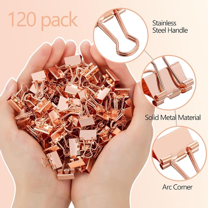 120 Pack Mini Binder Clips, Binder Clips, Small Paper Clips 15mm 5/8 Inch. Micro Size Office Clips for Home School Office and Business (Rose Gold)