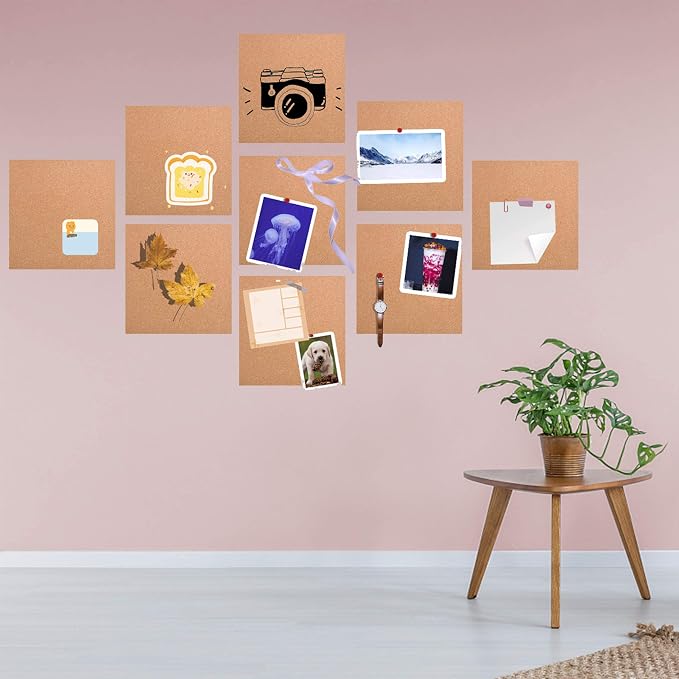 SUNGIFT Cork Board Tiles 12"x12" - 1/2 Inch Thick, 9 Pack | Self-Adhesive Square Bulletin Boards for Smooth Indoor Walls, with 100 Push Pins for Notes, Photos and Displays