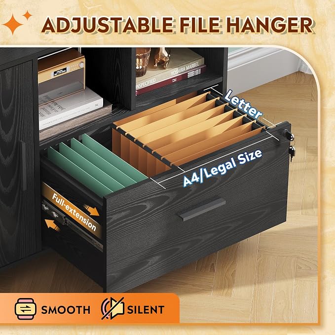 DEVAISE Printer Stand with Storage, Mobile Wood File Cabinet, Black | Locking & Rolling, Lateral Filing Cabinet, Doors and Shelves, Fits Legal/letter/A4, for Home Office, Study