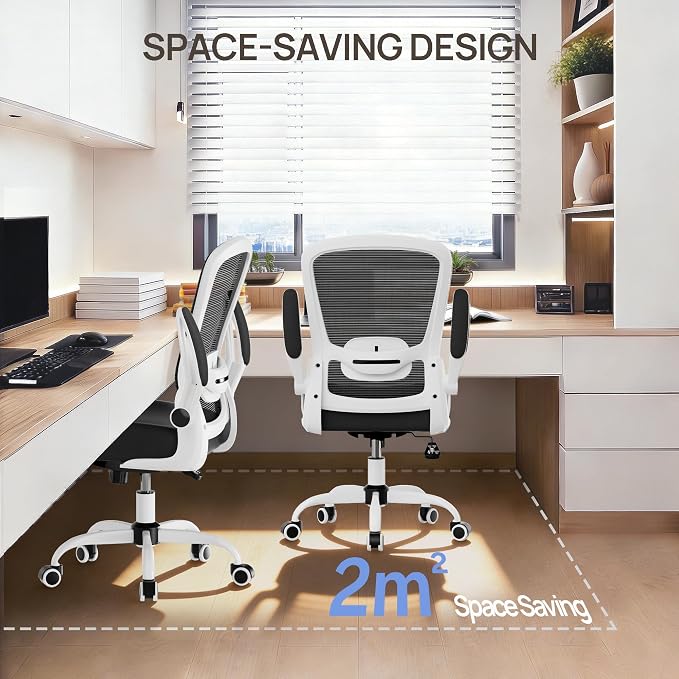 Mimoglad Ergonomic Office Chair - Desk Chair with Flip-up Armrests & 135° Recline, Adjustable Lumbar Support - Space-Saving Task Chair for Business/Team Office & Home (White Frame-Black, 300lbs) | Supports 300 lbs · Seat 19.48"–23.4" · Breathable mesh ...