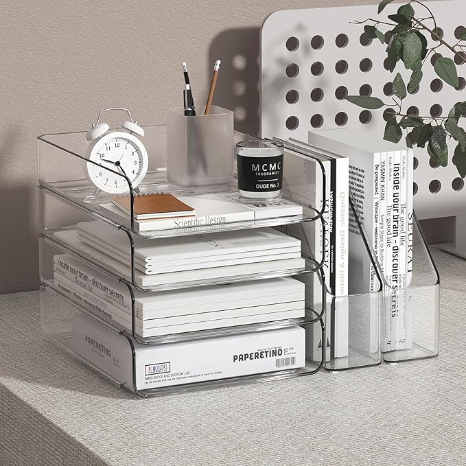 4-Tier Acrylic Paper Tray Organizer | Clear Stackable Desk Organizer for Documents, Letters, A4 Paper | Modern Office/Classroom/Home Organization,Clear
