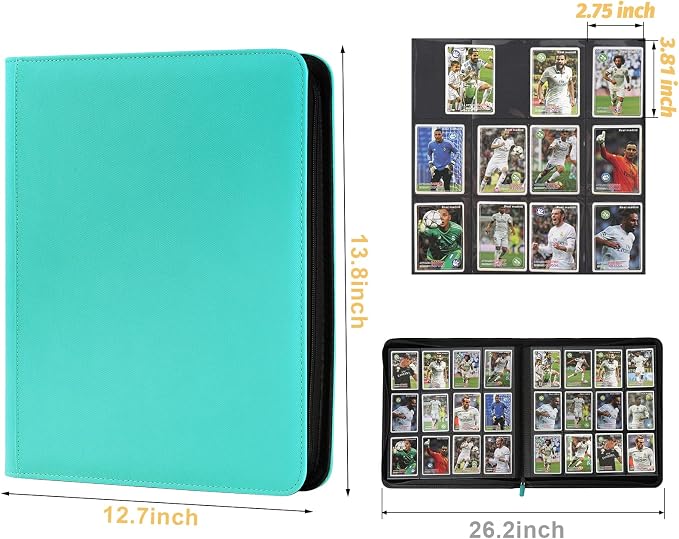 12 Pocket Ringless Side Loading Trading Card Binder, 720 Cards PU Fixed Page Zipper Card Album for TCG Sports Game Cards, Not Fit Top Loaders (Lake Blue)