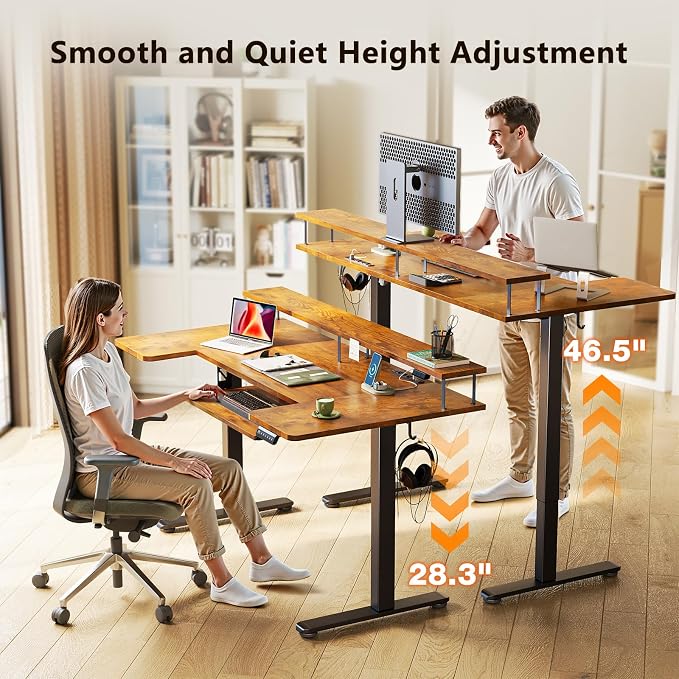 55 Inch U Shaped Standing Desk with Keyboard Tray, Rustic Brown | Power Outlet, Dual-Monitor Stand, LED Light, 3 Presets, 28.3"-46.5"in Range, 154 lb Capacity