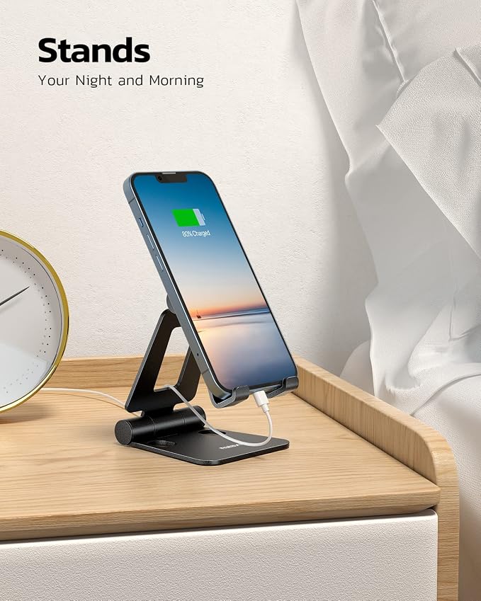 Nulaxy 2 Pack Aluminum Dual Folding Cell Phone Stanr for Desk, Black&Black | Height Angle Adjustable, Portable Phone Holder Fits 18mm Thick Case, Anti-Slip Base, Smartphone Desktop Essential Accessory