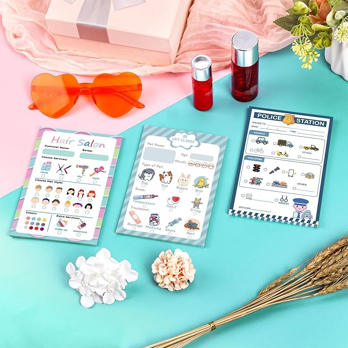 Kids Pretend Play Notepads 4X6 In Pretend Play Notebooks Playtime Notepads Variety Role Play Game Accessories Pages Each for Kids Toddlers 3-5(3,Blue)