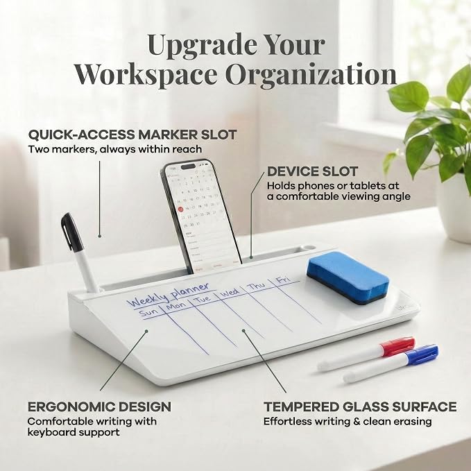 Birch Desktop Glass Whiteboard with Magnetic Weekly Calendar – Dry Erase Board, Keyboard Stand, Hidden Storage, Adjustable Dividers, 3 Markers & Eraser – Office, Home, School – Cloud