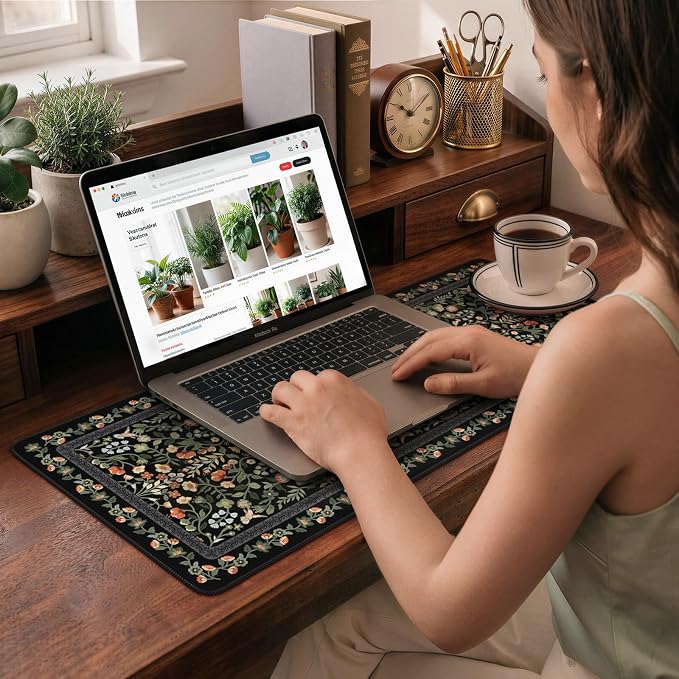 iCasso Aesthetic Floral Desk Mat,Retro Mouse Pads,31.5x11.8in, Black | Anti-Slip Mousepad with Stitched Edges, Waterproof Computer Pad, Desk Accessories Office Decor for Women