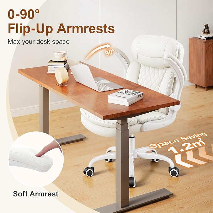 Leather Office Chair, PU Computer Desk Chairs with Upgraded Double-Layer Seat Cushion and Neckrest, 360°Swivel, Ergonomic Small Gaming Chair with Wheels and Adjustable Armrests for Short People, White