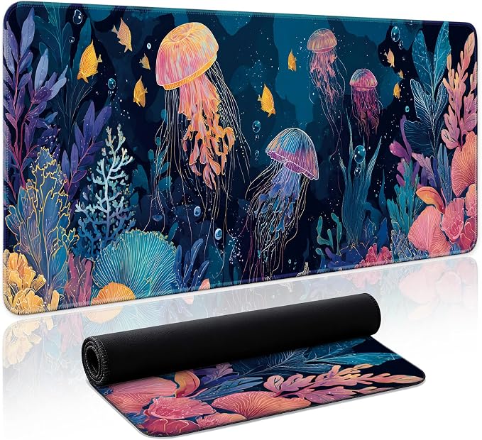 Aesthetic Desk Mat, Cute Ocean Jellyfish Desk Pad Protector for Work & Decor, 35.4" x 15.7", Pretty Non-Slip Extended Mouse Pad for Office or Home