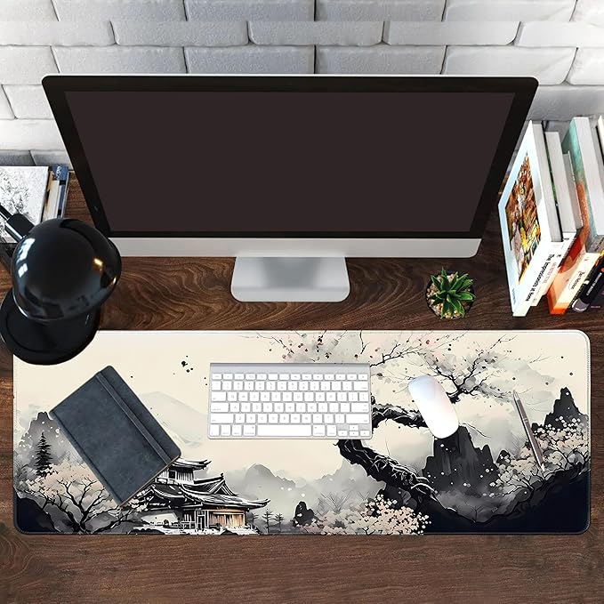 Long Gaming Mouse Pad Extended Anime Large Desk Pad with Non-Slip Base Full Keyboard Mat with Stitched Edges for Gaming and Office 31.5 x 11.8 inches (Wash Painting)