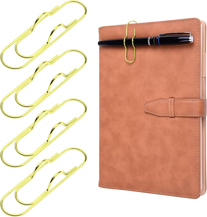 Wisdompro 12 Pack Paper Clip Pen Holder for Notebook, Journal, Book, Gold | 2.6 x 0.7 inch, Stainless Steel, Oversized Paperclip Pencil Holder for Travelers Planner, Binder, Clipboard, Bible, Notes