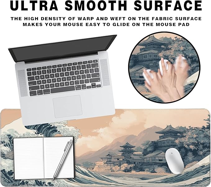Long Gaming Mouse Pad Extended Anime Large Desk Pad with Non-Slip Base Full Keyboard Mat with Stitched Edges for Gaming and Office 31.5 x 11.8 inches (Town Wave)