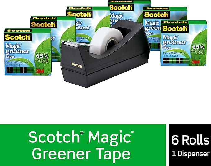 Scotch Magic Greener Tape with Dispenser, 3/4 in x 900 Inches, 6 Boxes of Tape and 1 Desktop Dispenser (Pack of 12)
