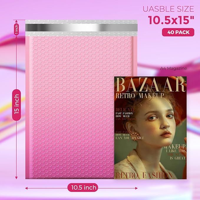 Fuxury 40 Pack Large Bubble Mailers 10.5x16" Gradient Pink Padded Envelopes Cute Design Mailing Envelopes Bubble Cushioning Padded Mailers for Packaging, Small Business #5