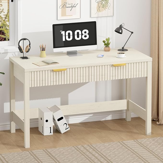 47 Inch Small Fluted Computer Desk with 2 Drawers for Bedroom, Home Office | Small Computer Desk with Storage for Bedroom, Compact Writing Study Desk for Small Spaces, Warm White